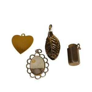 Vintage Charms Set Of 4 Gold Silver-Toned: Heart Leaf Oval Stone Cylinder